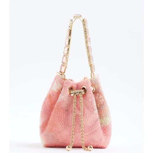 River Island — River Island Pink Floral Heat Seal Droplet Bucket Handbag