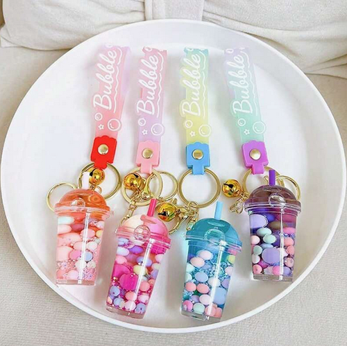 Porte-clés en forme de tasse de thé aux perles de tapioca fluorescent en acrylique pour femmes