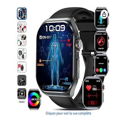 YYKY — Montre connectée ECG homme femme, 2,04 Amoled smartwatch avec glycémie/acide urique/HRV/BMI