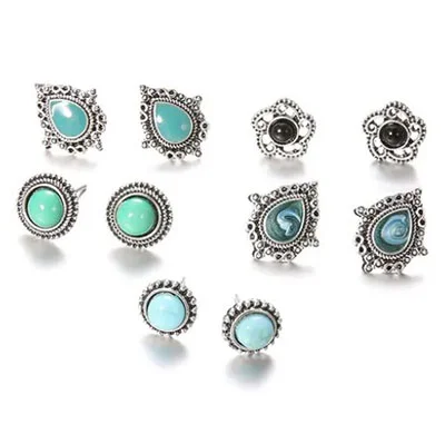 5 Pairs/Set Vintage Black Green Stone Earrings Set for Woman Crystal Silver Geometric Stud Earring