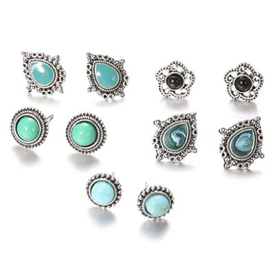 5 Pairs/Set Vintage Black Green Stone Earrings Set for Woman Crystal Silver Geometric Stud Earring