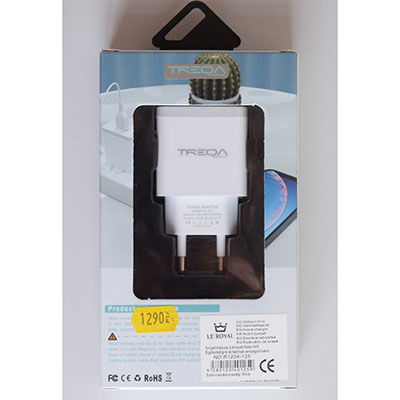 TREQA — Fast charger (on the packaging), TRAVEL ADAPTER (on the product)