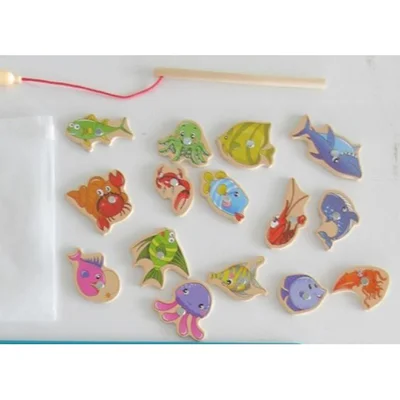 Jouets de pêche magnétiques en bois pour bébé dessin animé vie marine cognition jeux de poissons