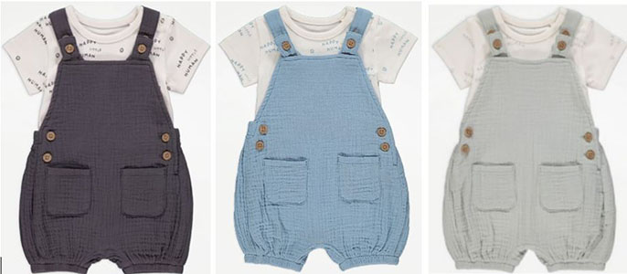 George — George Babywear 2 Piece Short Dungaree Set in Charcoal, Green and Turquoise