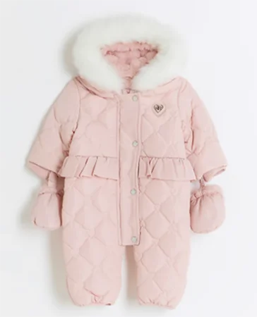 River Island — Baby Girls Pink Peplum Quilted Snowsuit