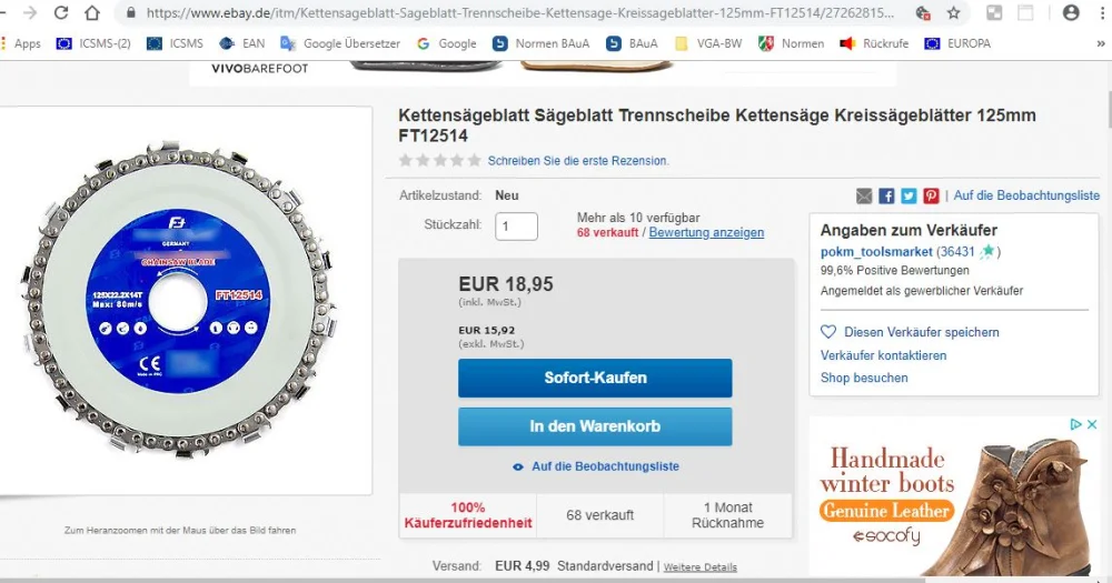 Kettensägeblatt 125 mm für Winkelschleifer beworben/FT12514