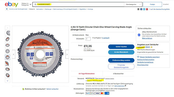 Wood Carving Disc, Curve, Cut or Shape — 4.5in 13 Teeth Circular Chain Disc Wheel Carving Blade Angle (Orange Card)