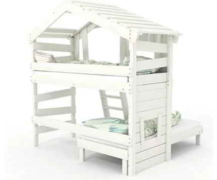 BIBEX — Alpin chalet lit mezzanine pour enfant, lit double, lit de maison, bois massif laqué blanc