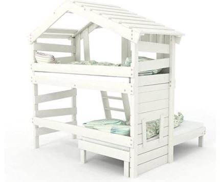BIBEX — Alpin chalet lit mezzanine pour enfant, lit double, lit de maison, bois massif laqué blanc