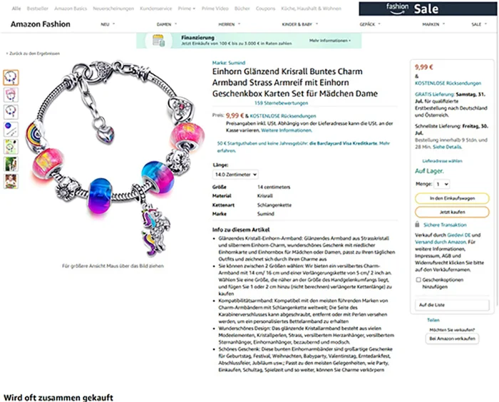 Sumind — Einhorn Glänzend Kristall Buntes Charm Armband Strass Armreif mit Einhorn Geschenkbox Karten Set