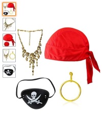 Beelittle — Beelittle 4 Stück Captain Pirate Kostüm Zubehör Set DOO Rag Skull Cap Piratenauge Patch Gold Ohrring