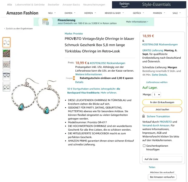 Provisto — Vintage-Style Ohrringe in blauer Schmuck Geschenk Box 5,8 mm lange Türkisblau Ohrringe im Retro-Look