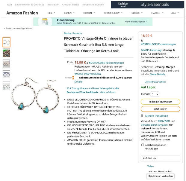 Provisto — Vintage-Style Ohrringe in blauer Schmuck Geschenk Box 5,8 mm lange Türkisblau Ohrringe im Retro-Look