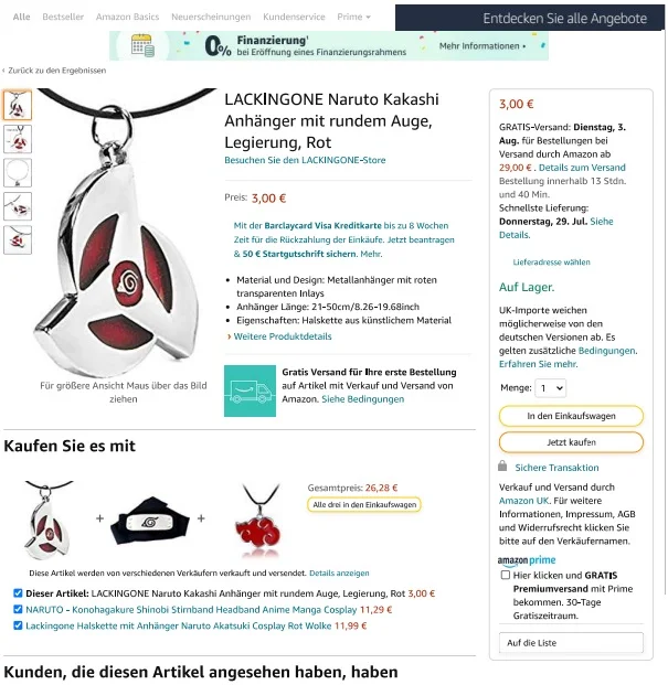 LACKINGONE, Meirenpeizi - Zhijia Jewelry — LACKINGONE Naruto Kakashi Anhänger mit rundem Auge, Legierung, Rot
