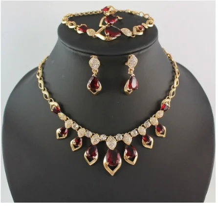 Fashion 18K Gold plated Gem Crystal pendant Necklace Wedding Party Jewelry Set