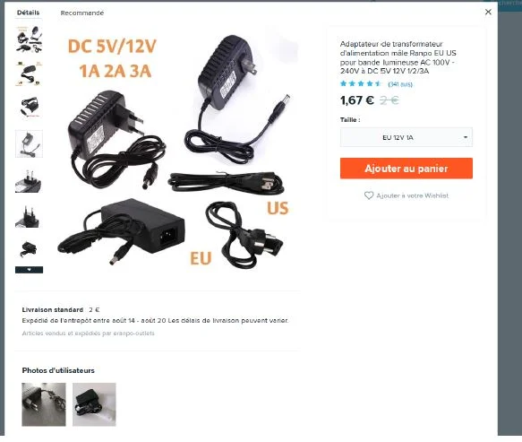 RANPO — EU US Plug LED Power Supply Adapter Transformer for LED Strip Lights AC-100 V-240 V to DC 5V 12V 1/2