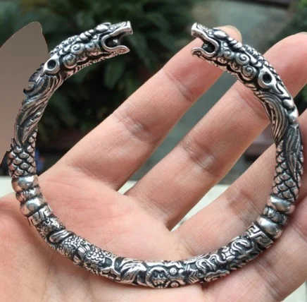 Bracelet manchette en argent doré viking deux têtes dragon bracelets Scandinave costume historique h