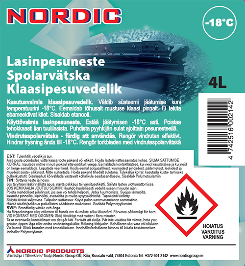 Alexela, Automaailm, Bauhaus, CarMan, Carlake, GO4, Nordic — Talvine klaasipesuvedelik (ET); Tuulilasinpesuneste (FI)