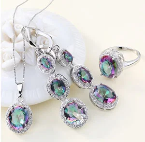 925 en argent sterling pierres précieuses arc-en-ciel mariée boucle d'oreille collier pendentif bagu