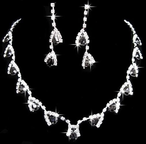 Women' s Stunning Red Strainestone Crystal Teardrop Necklace Long Dangle Earrings Silver Wedding Bri