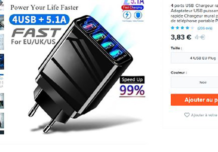Marque: AS — Four-port rapid 5.1A USB charger - high-powered USB adaptor - rapid charger - mains charger for tabl