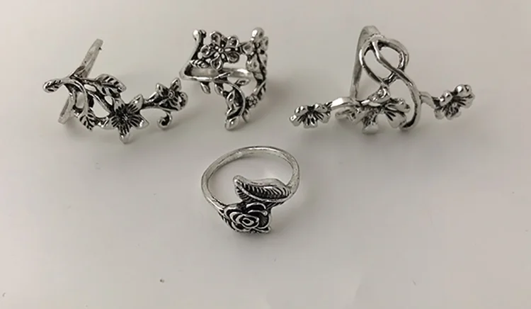 Vintage 4 st Ring Set Bohemian Flower Silver Ringar Punk Knuckle Ring Set Kvinnor