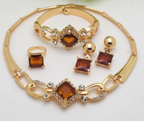 jewelry set: necklace+earring+bracelet+ring :set gold plated rhinestone - crystal african beads