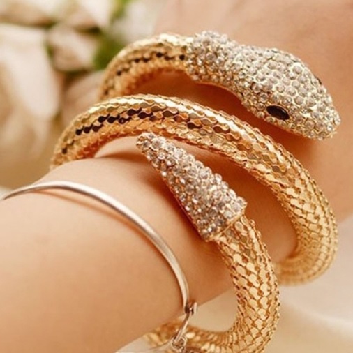 Bracelet manchette extensible incurvé orné de strass créatifs et bracelets joncs rétro serpent