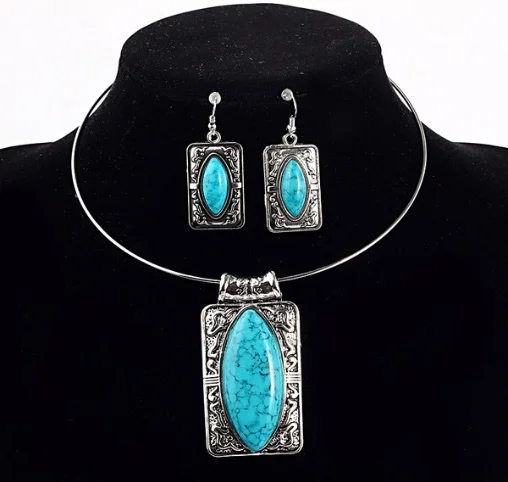 Collier et boucles d'oreilles en argent sterling 925 New Fashion Natural Chalcedony Turquoise Jade