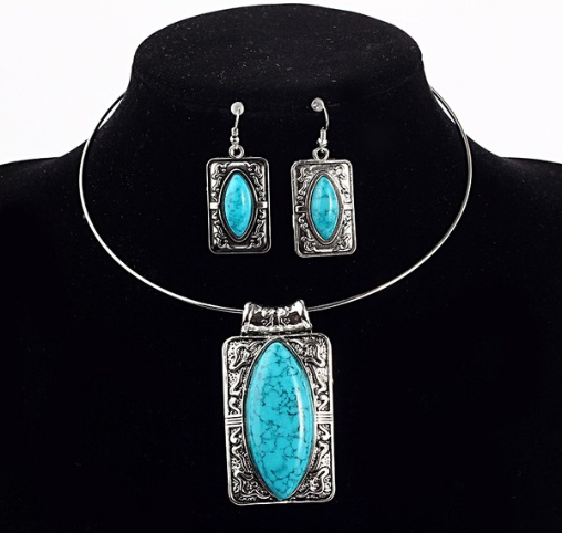 Collier et boucles d'oreilles en argent sterling 925 New Fashion Natural Chalcedony Turquoise Jade
