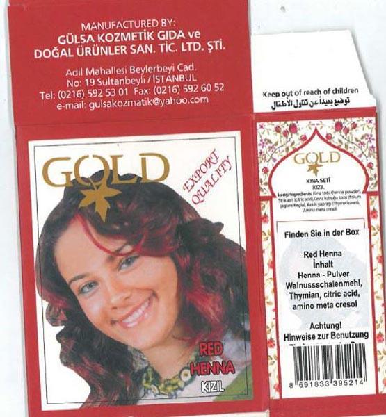 GOLD — 1.) Chestnut Henna, 2.) Red Henna 3.) Black Henna