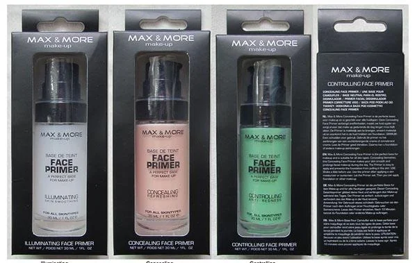 MAX & MORE make-up — 1) Illuminating Face Primer, 2) Concealing Face Primer, 3) Controlling Face Primer
