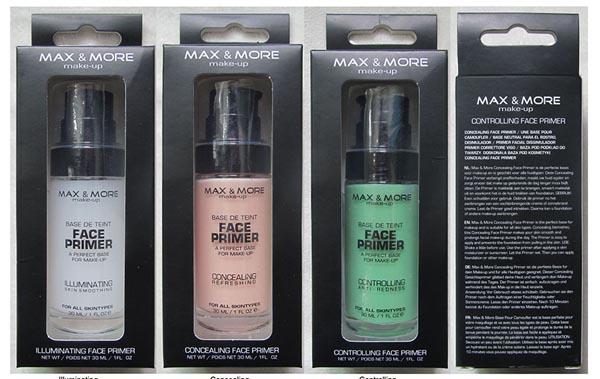 MAX & MORE make-up — 1) Illuminating Face Primer, 2) Concealing Face Primer, 3) Controlling Face Primer