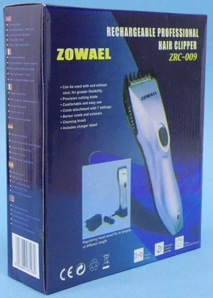 TOSHIKO (on the product), ZOWAEL (on the packaging — Professional Clipper (on the product), Rechargeable Professional Hair Clipper (on the packaging)