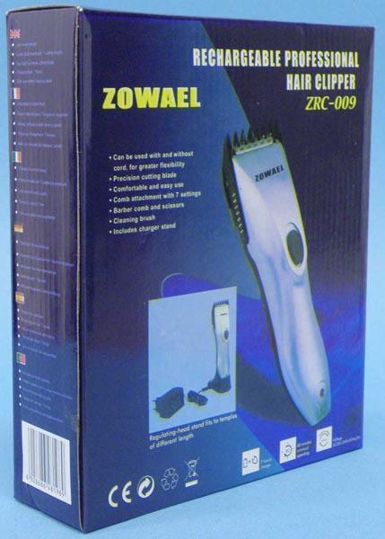 TOSHIKO (on the product), ZOWAEL (on the packaging — Professional Clipper (on the product), Rechargeable Professional Hair Clipper (on the packaging)