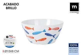 la mediterránea — bol en mélamine - motif poisson rouge et bleu – 15 x 8 cm - lot vs3547