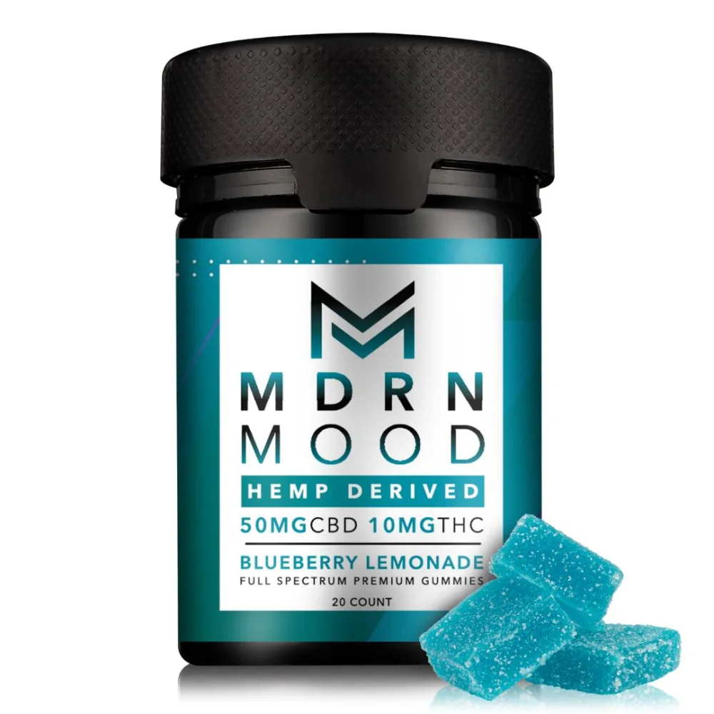 mdrn mood — hemp derived 50mg cbd 10mg thc blueberry lemonade full spectrum premium gummies