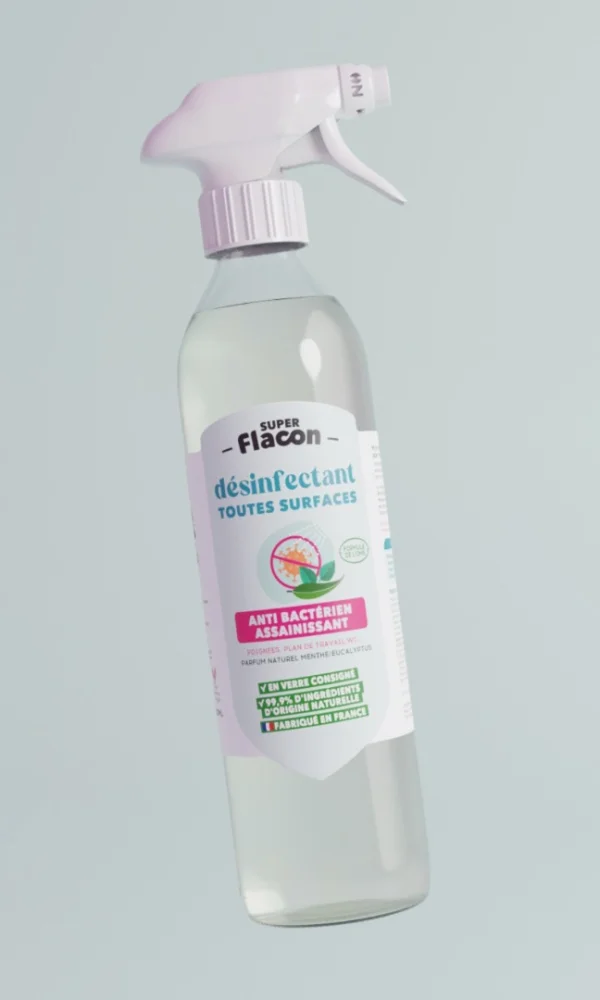 super flacon — désinfectant en verre consigné – antibactérien assainissant parfum menthe / eucalyptus – 500 ml
