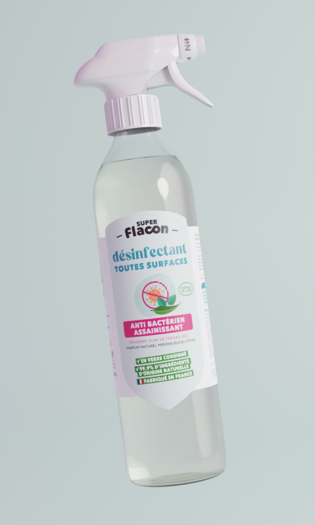 super flacon — désinfectant en verre consigné – antibactérien assainissant parfum menthe / eucalyptus – 500 ml