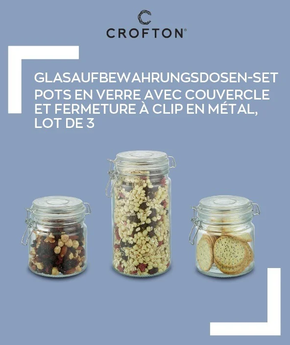 crofton — pots en verre avec couvercle en bois et fermeture à clip en métal, lot de 3 & pots en verre avec couvercle et fermeture à clip en métal, lot de 3