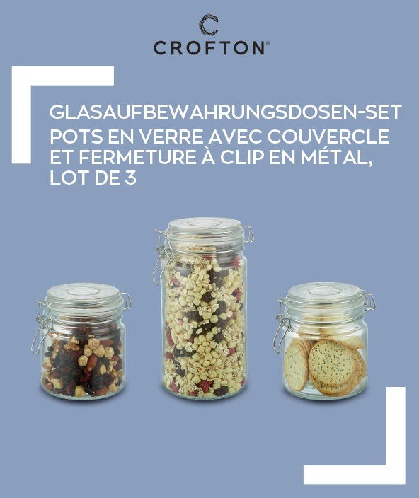 crofton — pots en verre avec couvercle en bois et fermeture à clip en métal, lot de 3 & pots en verre avec couvercle et fermeture à clip en métal, lot de 3