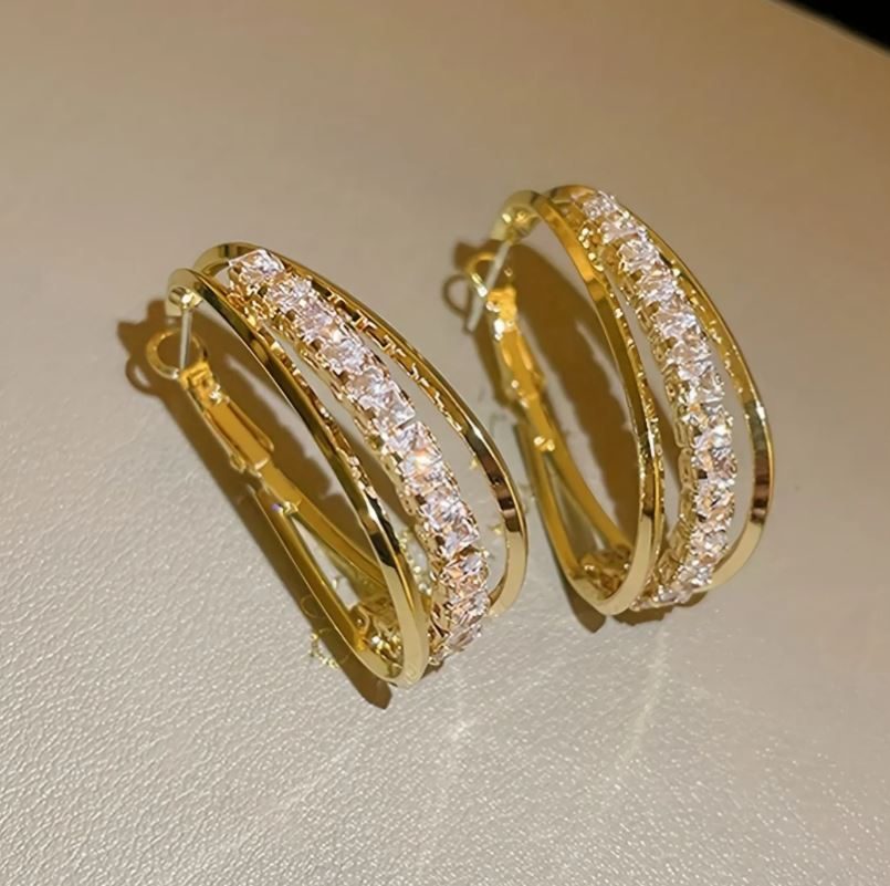 sans marque — boucles d'oreilles en alliage de zinc avec 3 couches de strass, bijoux au style rétro et élégant