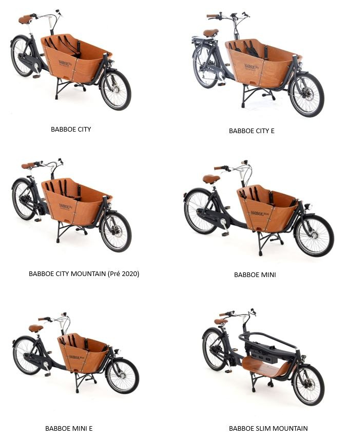 babboe — vélos cargos city, city e, city mountain (pré 2020), mini, mini e, slim mountain, transporter, transporter e, pro trike, pro trike xl, pro trike e, trike xl mid motor