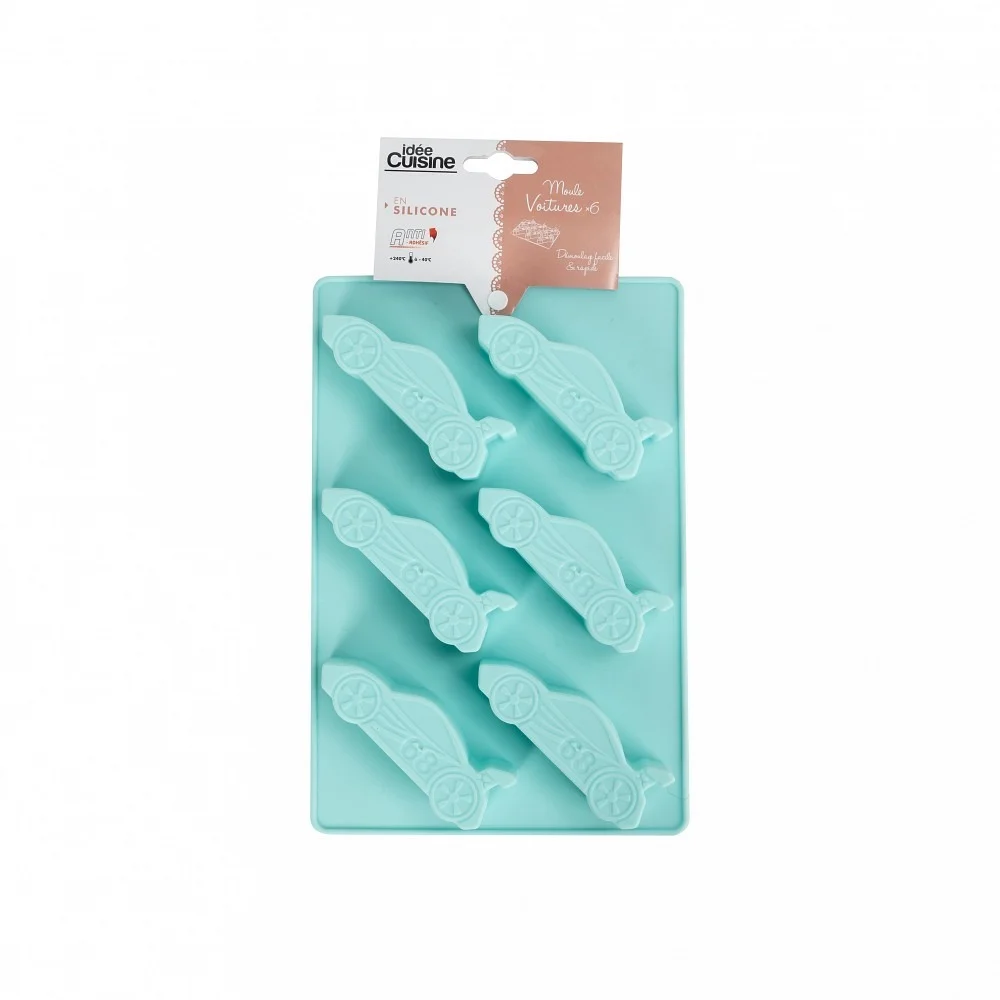 idee cuisine — moule de six alvéoles en forme de voiture en silicone de couleur bleu