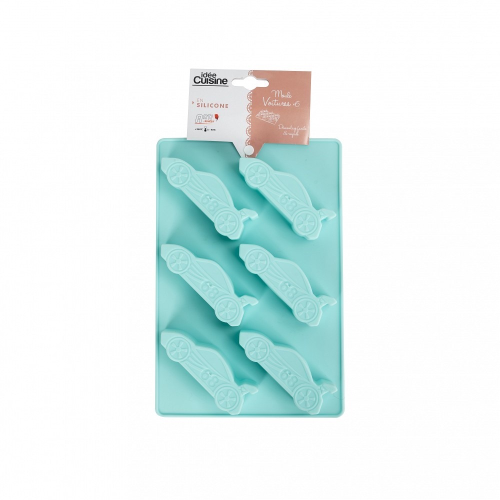 idee cuisine — moule de six alvéoles en forme de voiture en silicone de couleur bleu
