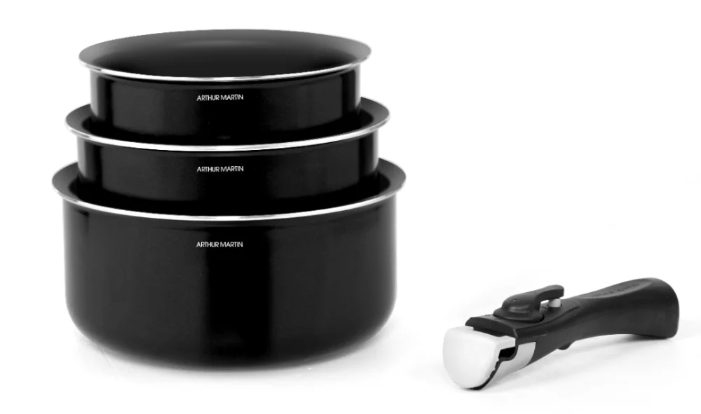 arthur martin — jeu de 3 casseroles 16/18/20cm avec poignée amovible