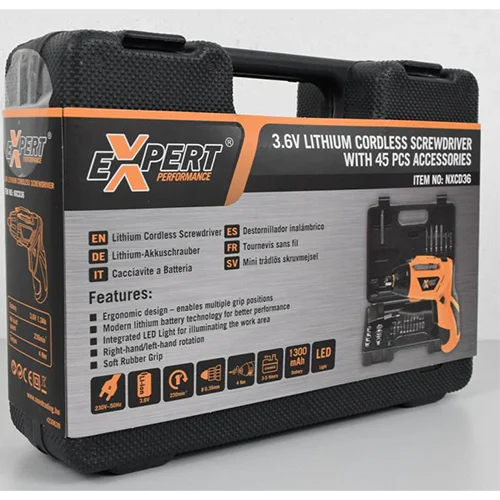 EXPERT PERFORMANCE — 3.6V LITHIUM CORDLESS SCREWDRIVER WITH 45 PCS ACCESSORIES