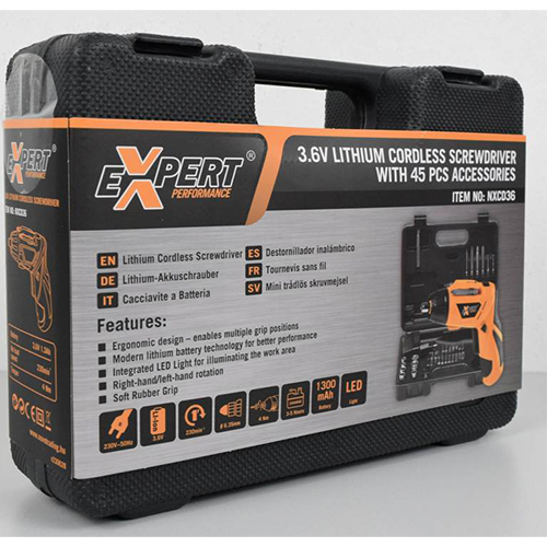 EXPERT PERFORMANCE — 3.6V LITHIUM CORDLESS SCREWDRIVER WITH 45 PCS ACCESSORIES